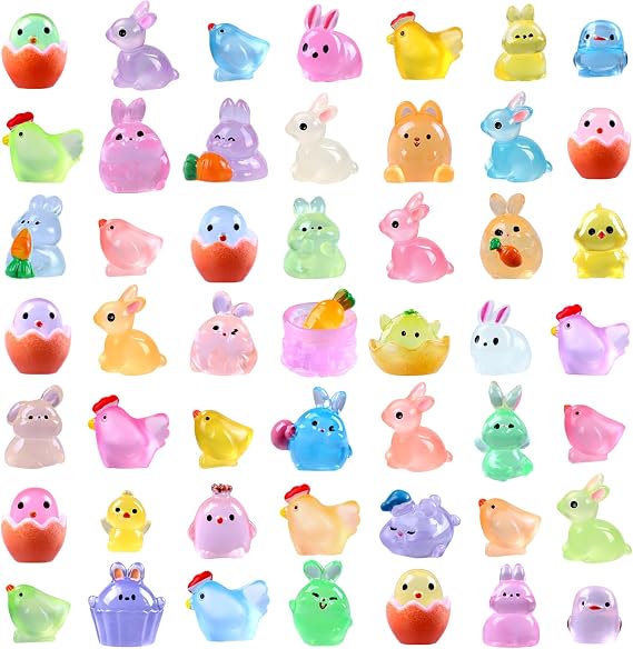 DULEFUN 50pcs Easter Luminous Mini Resin Rabbit Chick Figures | Little Easter Glow in the dark Bunny Miniature Figurines for Dollhouse Micro Garden Landscape Decor Egg Fillers Party Favors