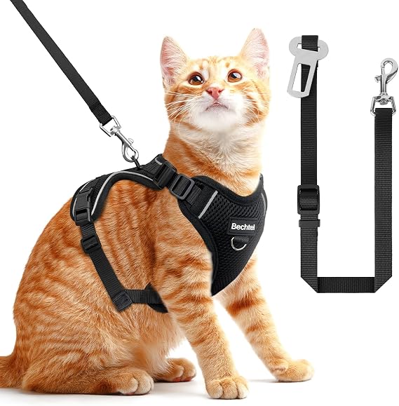 BECHTEL Cat Harness and Leash, Adjustable, Reflective, Black, Small