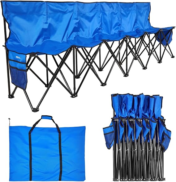 VEVOR Portable Folding Bench, 6 Seat Foldable Soccer Bench with Side Pockets and Carrying Bag, Lightweight Sideline Seating with Back Rest for Football, Baseball, Camping, Outdoor Events, Blue