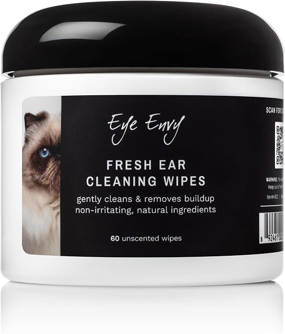 Eye Envy Fresh Ear Cleaning Wipes for Cats. Made in The USA from Natural Ingredients. Unscented. Safe and Non-Irritating. Removes Dirt, Debris, and Wax buildup. 60 Count.