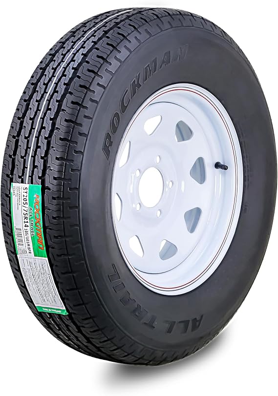 ROCKMAN Trailer Tire & Wheel ST205/75R14 8-Ply D 105M 5X4.5 White Spoke Rim