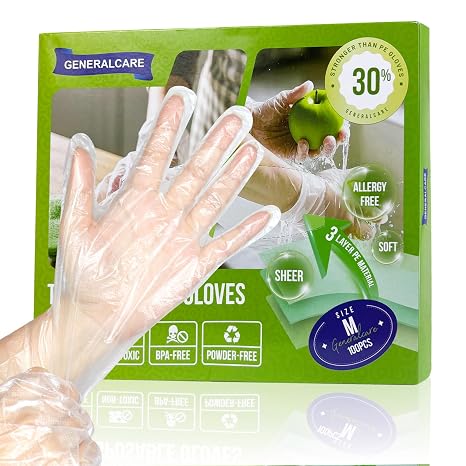 Disposable Gloves Transparent Pack of 100 Extra Strong Tear-Resistant TPE Disposable Gloves Powder-Free Latex Free Food Safe Plastic Gloves for Kitchen Cleaning Care and Trade