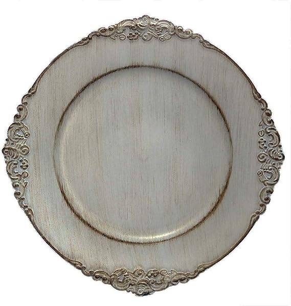 Tiger Chef Antique Grey Round Vintage Dinner Charger For Plates, Wedding Reception Plate Chargers For Table Settings Hard Round Heavyweight Charger Plates - 4 Piece