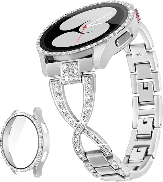 Galaxy Watch 4 Band X-Shape Band for Samsung Galaxy Watch 4 & 5 Band-40mm with Screen Protector Case, 20mm Quick Release Women Bling Diamond Luxury Metal Band & Protective Cover Case (Silver)