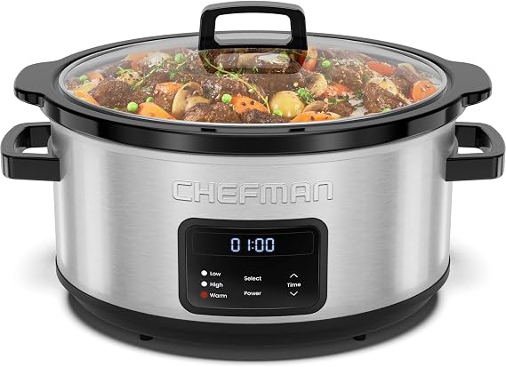 Chefman Slow Cooker 7 Quart, Large Family Size Programmable Digital Slow Cooker with 24-Hour Timer, Low, High & Warm Settings, Ceramic Crock, Tempered Glass Lid, Dishwasher-Safe, Stainless Steel