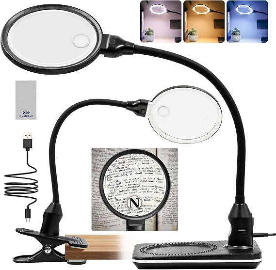 10X 15X Magnifier with Light and Stand, 2-in-1 Large Magnifier Lamp with Clamp, 3 Color Stepless Dimming, 360 Flexible Gooseneck Hands-Free Magnifying Light for Close-Up Work, Crafts, Hobbies