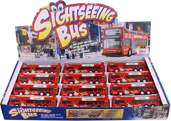 Box of 12 NYC 7-Eleven Red Sightseeing Double Decker Bus Open Top - 2168D11-6" Scale Diecast Cars
