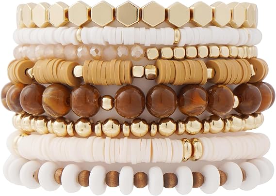 CYWQ Bohemian Stackable Gold Plated Beaded Stretch Bracelets Surfer Heishi Clay Bead Bracelets for Women Elastic Layering Friendship Bracelets Set Jewelry