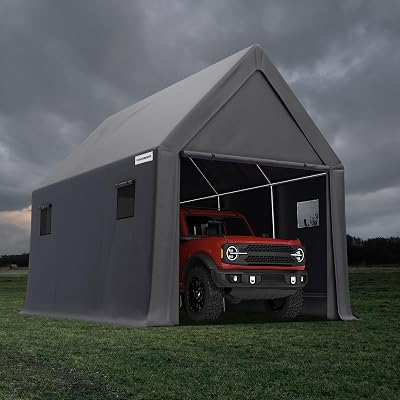 KING BIRD 10X15FT Heavy Duty RV Carport - 10.8FT Ultra High Peak Anti-Snow Outdoor Storage Shed Shelter for TrucksSUVs with Roof Racks, Boats. Garage Car Canopy with Ventilation Windows -Dark Gray