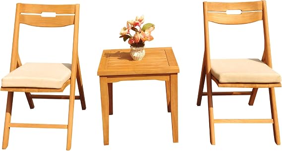 2 Seater Grade-A Teak Wood 3 Pc Dining Set: Sack Side Table and 2 Surfliner Folding Reclining Arm Chairs #31SL0203