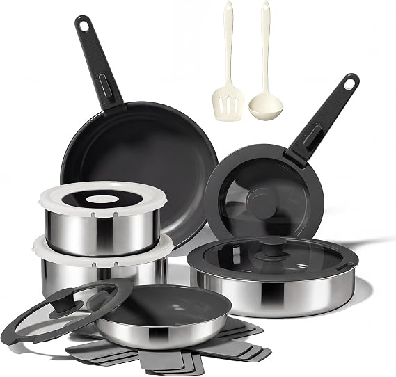 16 PCS Ceramic Cookware Set, Stainless Steel Exterior Pots and Pans Set Non Stick, 10x More Durable Super Ceramic Coating, for Induction Hob Pan Set (Black)