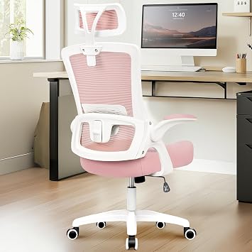 NEO CHAIR Ergonomic Office Desk Chair High Back Computer Gaming Mesh Chair with Comfy Task Adjustable Arms Lumbar Support Headrest Swivel for Home Office (Pink)