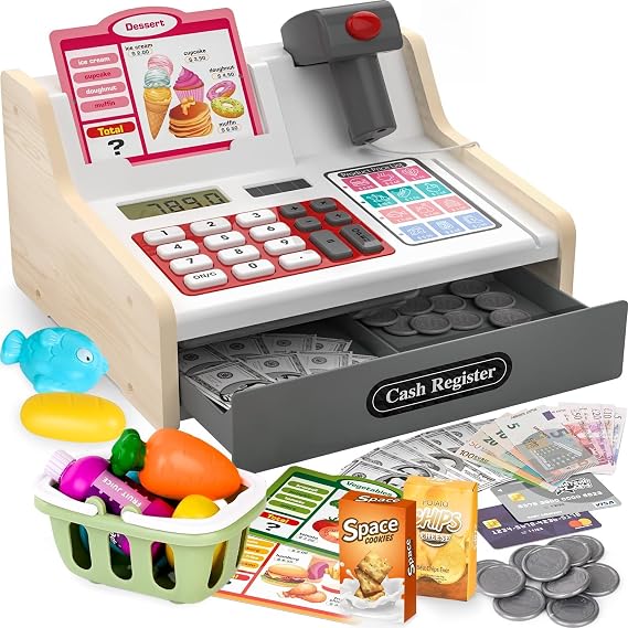 maysida Children's cash register wooden cash register with scanner and sound for children 3-5 years toy cash register with scanner / play money / coins / debit card / shopping basket / accessories shop accessories idea