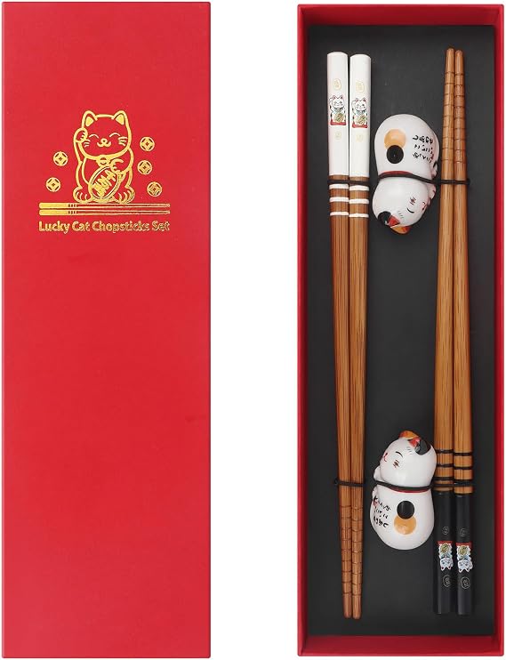 Reusable Chopsticks Gift Set, 2 Pairs Chopstick with 2 Cat Chopstick Rest