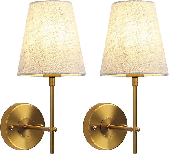 Brass Wall Lights Modern Wall Lamps with Linen Fabric Lampshade Set of 2
