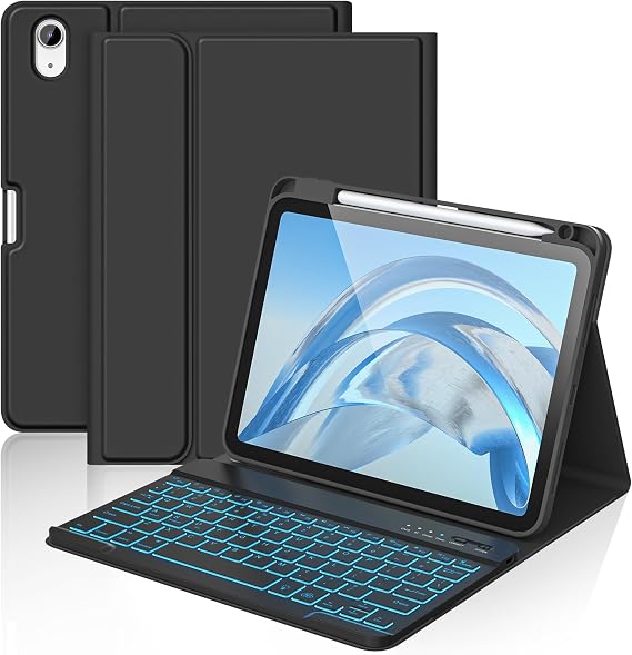aMZCaSE for iPad A16 11th 10th Generation Case with Keyboard - 7 Colors Backlight Detachable Folio Keyboard Case for iPad (A16) 11th Gen 2025 & 10th Gen 10.9 inch 2022, Smart On/Off, Pen Holder, Black