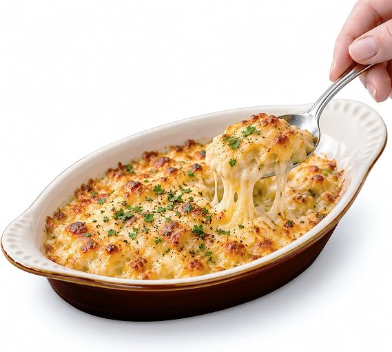 Tuxton China B1N-120 Welsh Rarebit, 12 oz., 9-7/8" x 4-7/8" x 1-3/8"H, Oval, Microwave and Dishwasher Safe, Oven Proof, Fully Vitrified, Ceramic, DuraTux, Caramel/Eggshell, Pack of 12