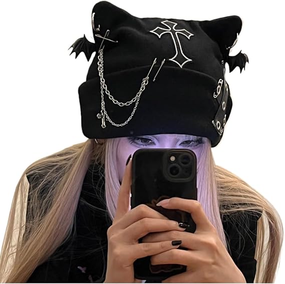 Y2k Goth Beanie Hats for Women Winter Punk Emo Grunge Cat Ear Knitted Cap Gothic Streetwear Halloween Accessories