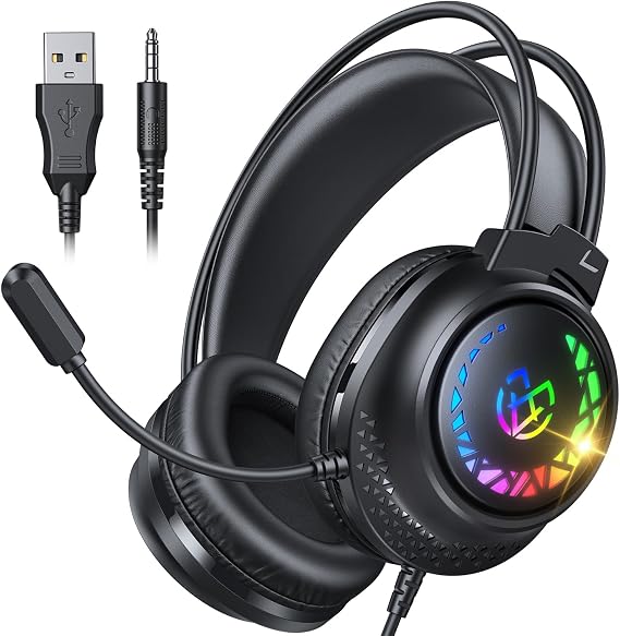 Tatybo Gaming Headset for Ps5 Ps4 Xbox Series X/S, Wired Gaming Headphones for Switch Xbox One PC Stereo Surround Sound Noise Cancelling Mic LED Lights