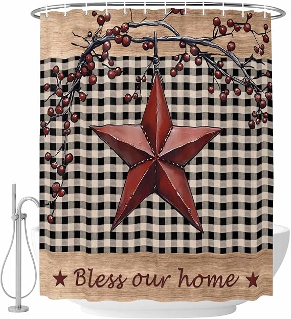 Texas Stars Vintage Shower Curtain, Stall Bathroom Curtains for Bathtub, Red Khaki Black Waterproof Fabric Shower Curtain Set with 12 Hooks, Standard 72" x 72" Retro Art Berry Plaid