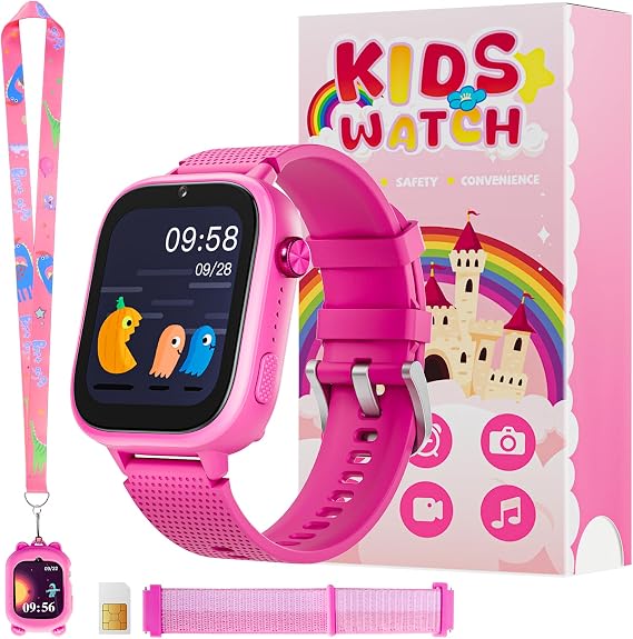 OKYUK 4G Kids Smart Watches Girls Gifts Age 3-12, Smart Watch for Kids with 47 Games, two-way calling feature, SOS emergency call Camera Video Recorder Gift Toys for Girls Ages 5 6 7 8 9 10 (Rose Red)