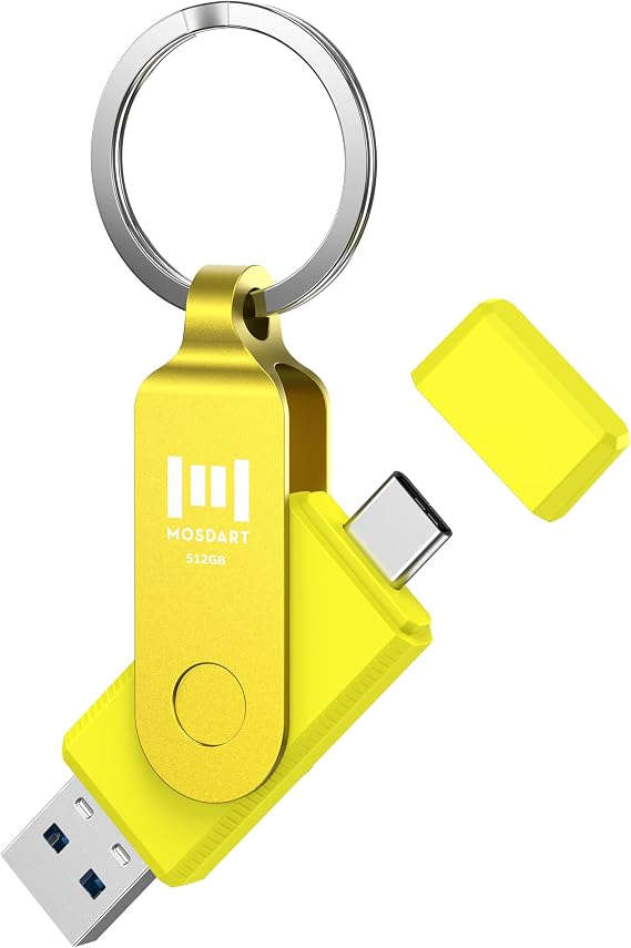 MOSDART 512GB USB C & A 3.2 150MB/s デュアルフラッシュドライブ キーチェーン付き イエロー