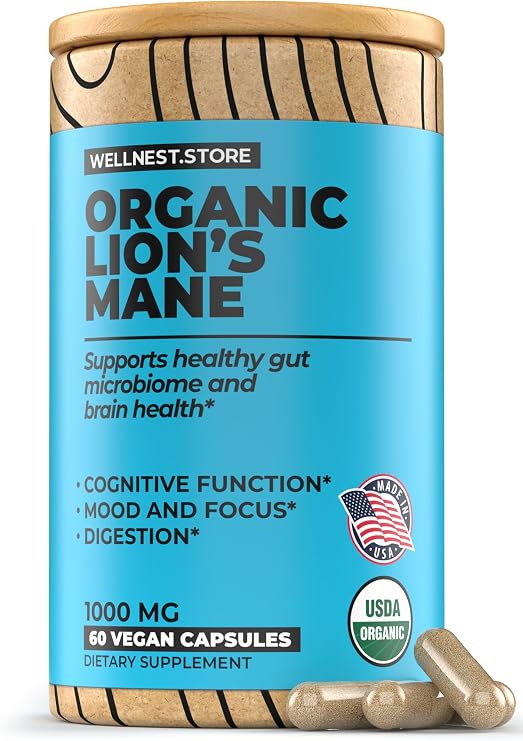 Wellnest.Store Lions Mane Mushroom Organic Supplement (Hericium Extract) 60 Veggie Caps - Immune Support Supplement; Improve Cognitive Function + Promote Vitality, Protect Nerve Cells