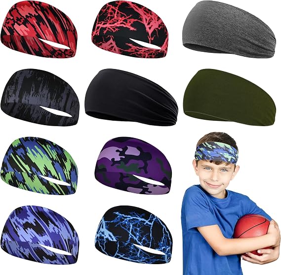 Fumwase 10 Pieces Boys Athletic Sweatbands Headbands 16 inch Elastic Sports Wicking Breathable Soft Sweatband Head Wrap for Basketball Football Cycling Running Yoga (Fashion, 10)