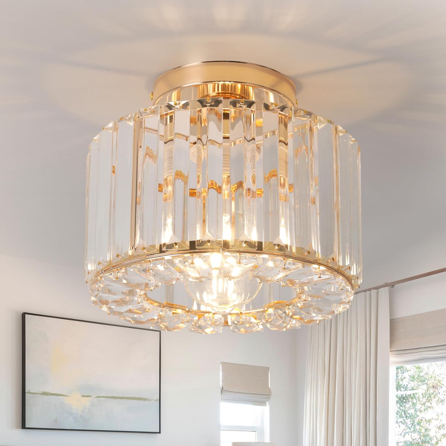 Modern Crystals Ceiling Lighting Fixtures, Gold Small Ceiling Lamp, Semi Flush Mount Ceiling Light for Kitchen Hallway Dining Rooms Living Rooms