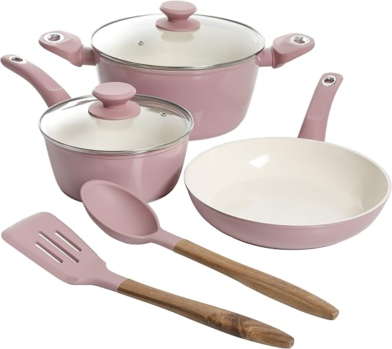 Gibson Home Plaza Cafe Forged Aluminum Healthy PFA-Free Ceramic Pots and Pans Cookware Set, 7-Piece Set, Lavender Pink