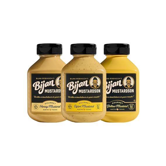 Bijan Mustardson 3-Pack Gourmet Mustard Bundle Dijon, Yellow, and Honey Mustard Smooth, Tangy, Sweet Flavors Perfect for Dipping, Sandwiches, Tailgates, and Gifting 3 x 9oz