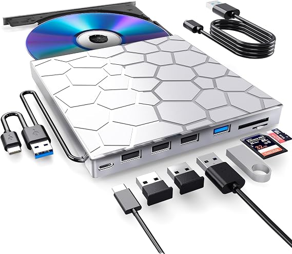 BPAKDU External CD/D1VD Drive for Laptop DVD Player 8 in 1 USB 3.0 Ultra Slim Portable Silver