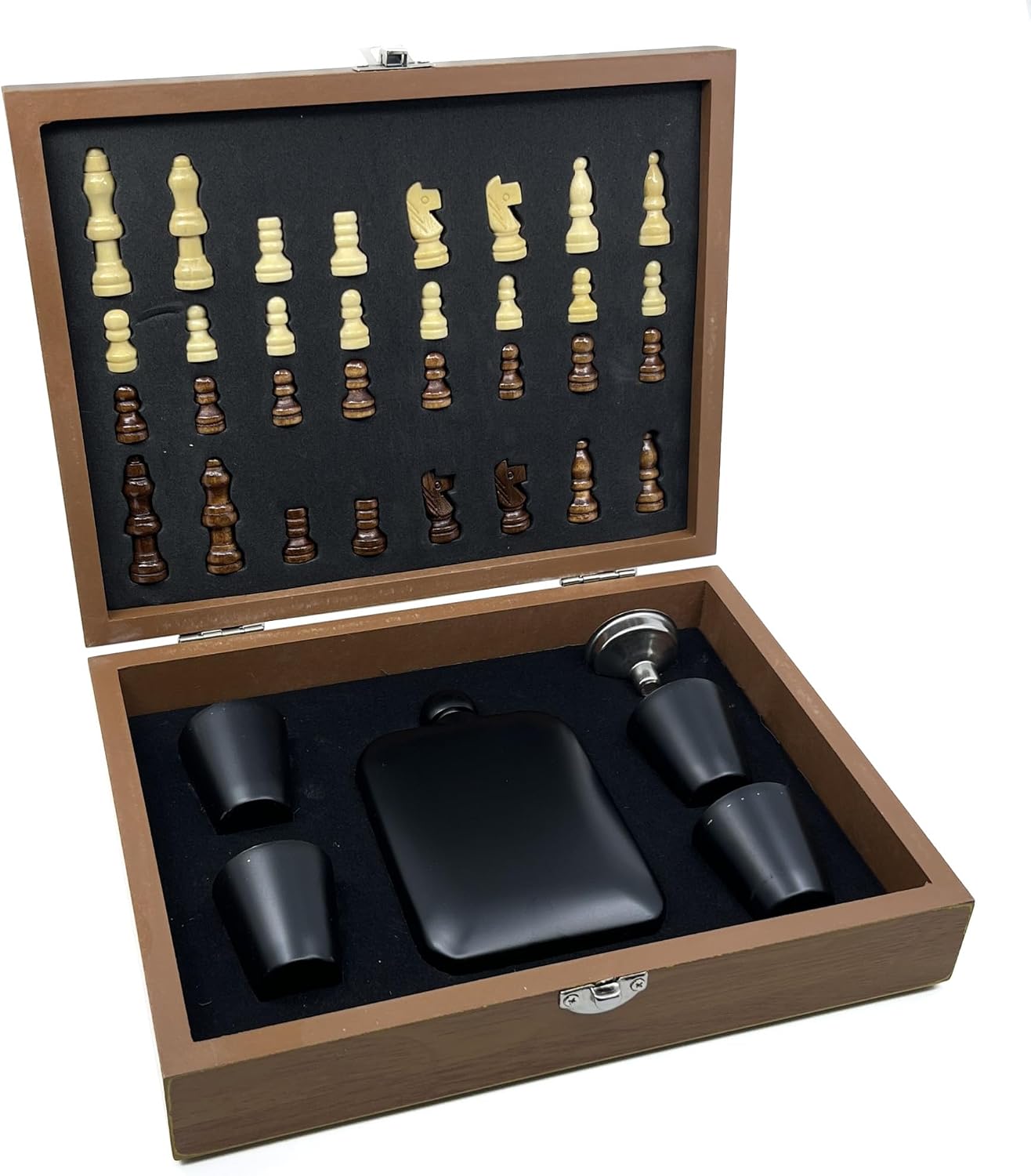 Lüks Ahşap Kutulu Mataralı Satranç Takımı Seti – 7 Parça Hediyelik Set