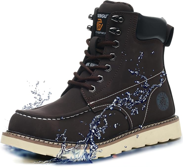 Steel Toe Boots for Men-6 Inch Moc Toe Safety Work Boots Non-Slip Resistant Indestructible Construction Western Boot Mens Steel Toes Shoes