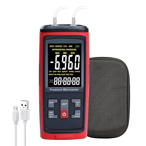 Manometer Data Logger Digital Manometer Gas Pressure Tester with 200 inH2O Measuring Range, Differential Pressure Gauge 13 Selectable Units Manometer HVAC with Large LCD Screen