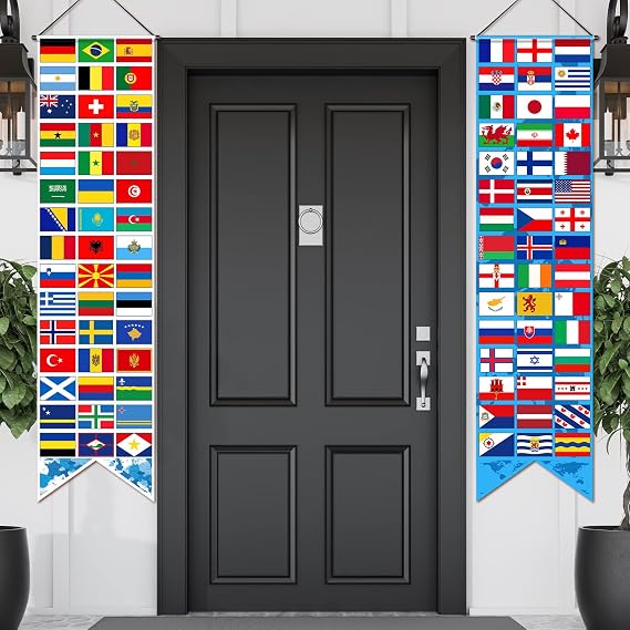 2 Pcs World Flags Porch Sign Banner, International Decorations, Nations