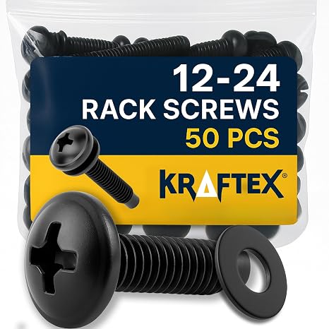 12-24 Rack Screws [50pk] Rack Mount Screws with Nylon Washers for Server, Network, and Audio Equipment