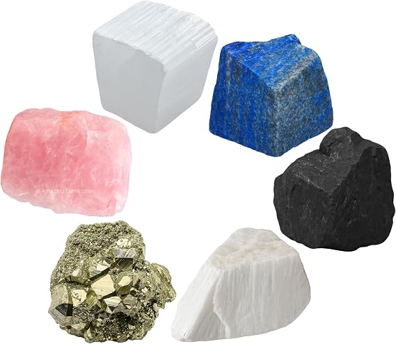 Amazing Gemstone Crystals for New Home Manifestation, Set of 6 Lapis Lazuli, Selenite, Shungite, Pyrite, Scolecite and Rose Quartz Healing Crystals and Stones
