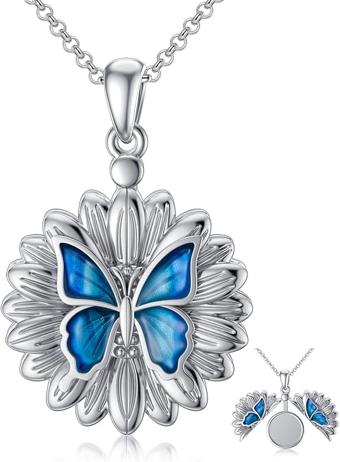 SOULMEET Personalized Butterfly Locket Necklace That Holds Up to 2 Pictures, Memorial Insects Silver Butterfly Photo Locket Custom Any Photo Healing Gift