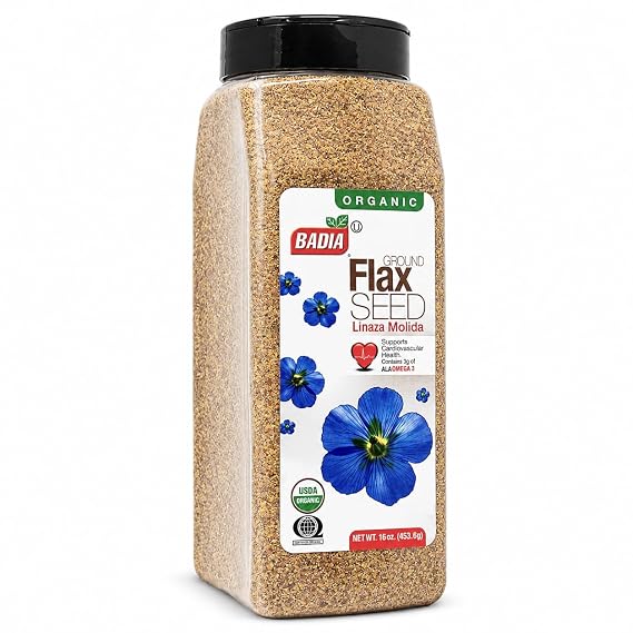 Badia Organic Ground Flax Seed, 16 oz Fiber & Omega-3 Non-GMO Superfood | Organic ground flax seed with naturally occurring fiber and omega-3, ideal for smoothies, baking, oatmeal, yogurt, recipes