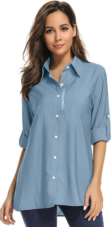 Women's UPF 50 Long Sleeve Sun Protection Clothes Quick Dry Hiking Shirts | Safari Clothes for Women,SPF UV Lightweight,Breathable,Button Up,Zipper Pockets Outdoor Fishing, Safari Travel Sun Shirts
