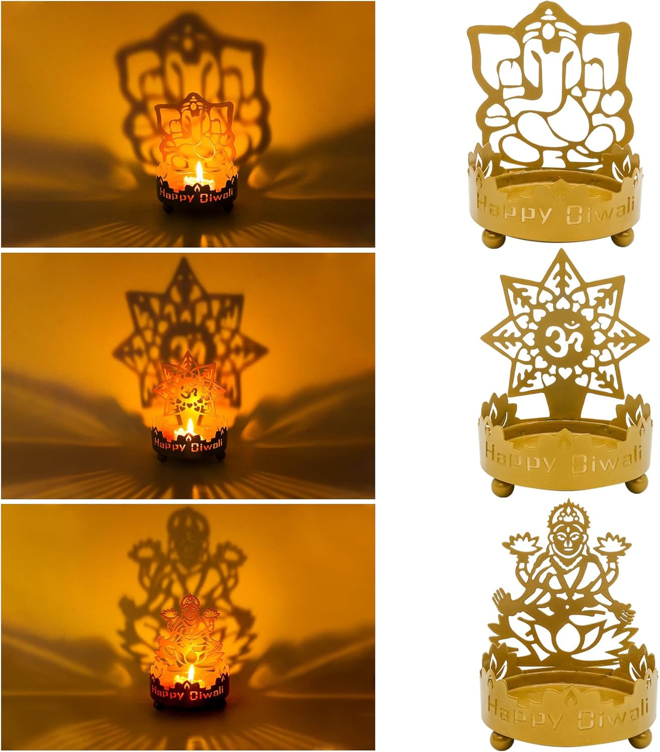 Metal Shadow Diwali Diya Set - 3PCS Diwali Gift for Indian Friend Ganesha Lakshmi OM T-Light Candle Holder for India Wedding Navratri Puja Dhanteras Pongal Karva Chauth Mandir Temple Altar Pooja Item