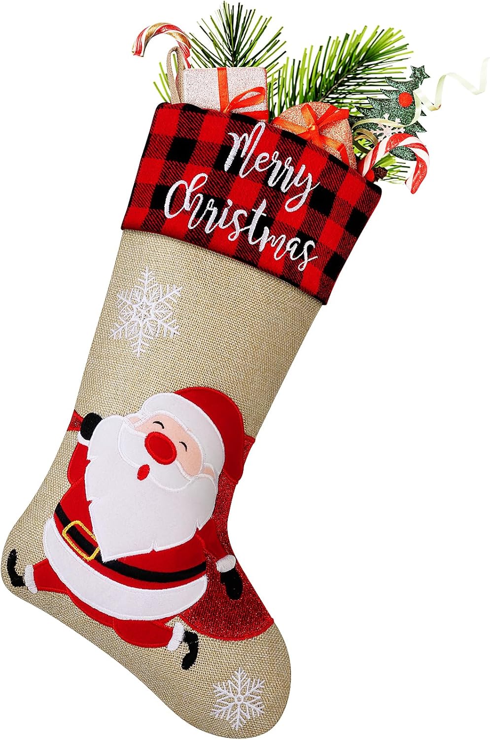 DeckTheHalls Personalized 1 Pack Christmas Plaid Stockings 18 Inches Large Santa, Snowman, Penguin, Reindeer, Gingerbread Man, Gifts Character for Family Holiday Party Decoration