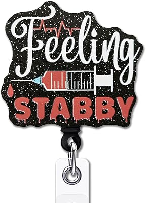 YAZMEEN Funny Syringe Badge Reel Gifts - Feeling Stabby - Retractable Badge Holder with Alligator Clip - Black Glitter Acrylic ID Card Holder - Gifts for RN ER IV Nurse Doctor Phlebotomist Coworker