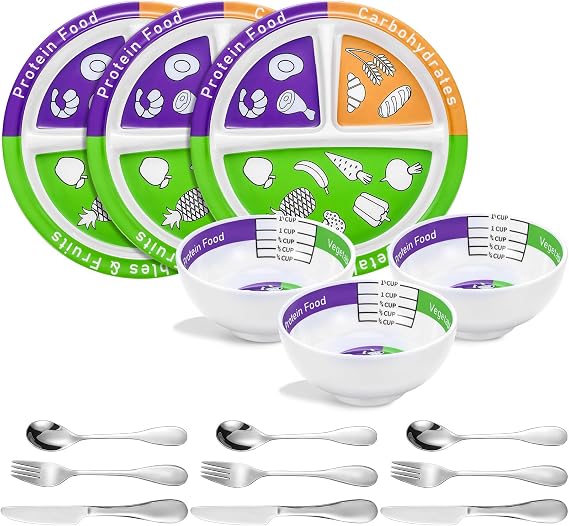 Jingmore 15 Pcs Portion Control Bariatric Plates Bowls Flatwares (Classic)