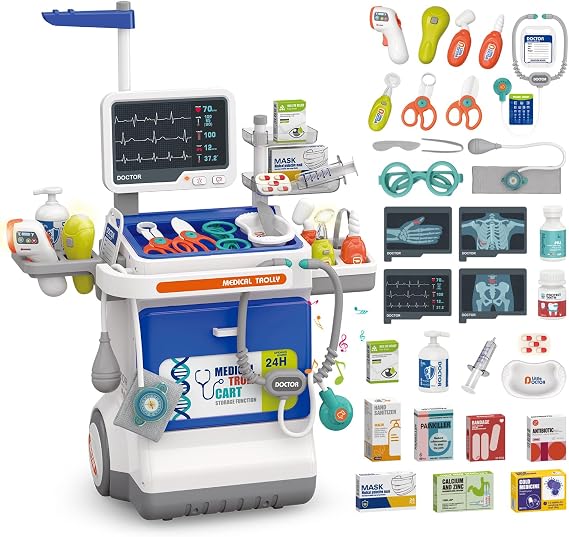 Doctor Kit for Kids Pretend Medical Station Set for Boys & Girls Mobile Cart with Kids Play Set for Ages 3 and Up Children Role Play Educational Toys (Blue)