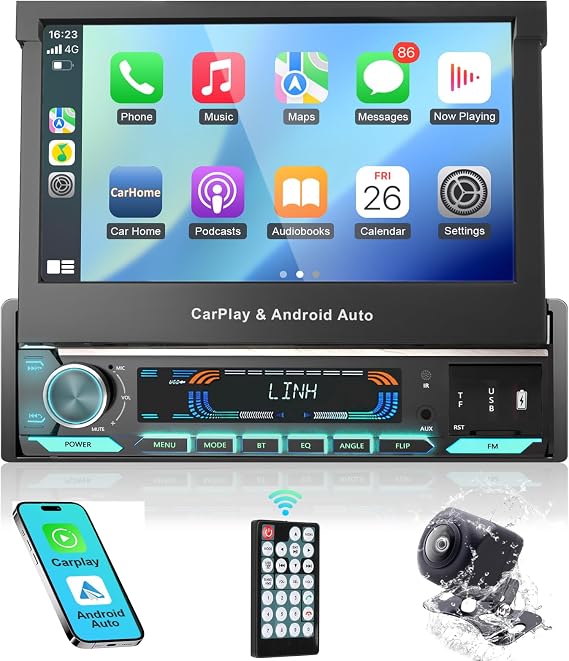 Single Din Touchscreen Radio, Wireless CarPlay, 7"Motorized Filp