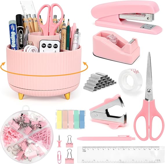 Cute Stationery Set, 12 in 1 Office Supplies & Desk Accessories for Women with Stapler & Staples Set, Pencil Holder, Tape Dispenser, Scissors, Clips, Ruler, Gift for Teachers, Students, Girls (Pink)