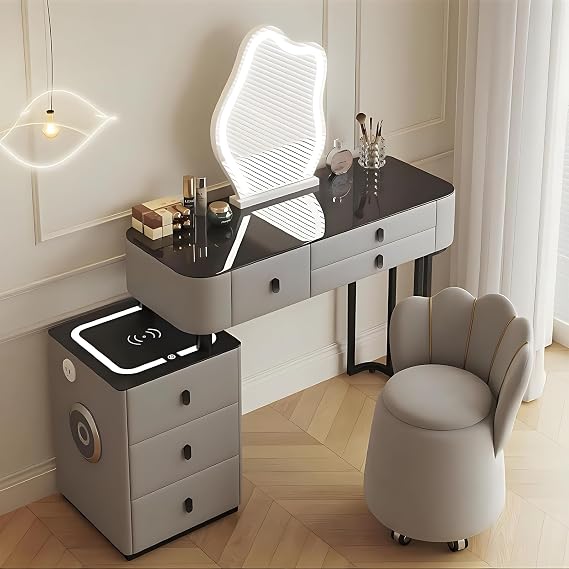 Vanities Set, Modern Vanity Table with Mirror & Drawers, Solid Wood Vanity Set with LED light and Ample Storage, Includes Makeup Stool, Simple Dressing Table For Bedroom (Grey & Black Top,48IN)