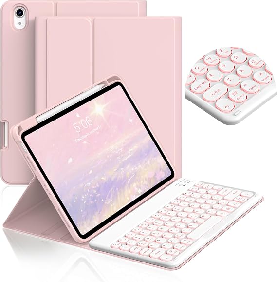 JKSML for iPad Air 11" M4/M3/M2 & 10.9" Air 4th/5th Gen case with Keyboard, Round Key, 7 Color Backlit, Detachable Wireless Keyboard, Stand Folio Cover with Side Pen Holder (Pink)